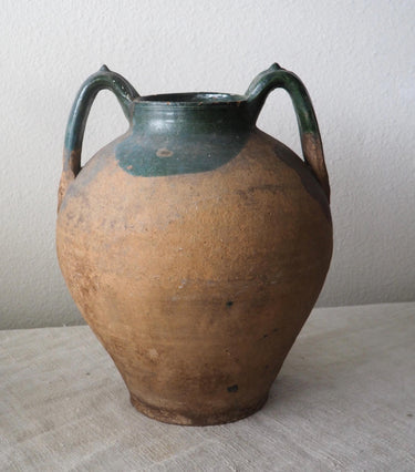 Antique Italian Green Glaze Terracotta Anfora Pottery with handles and green glaze