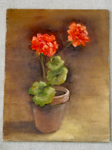 Vintage Oil Painting of Geraniums on Canvas