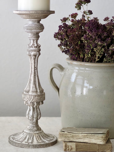 Distressed Carved Wood Pillar Candle Holder