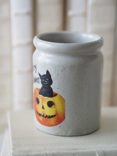 Merry Halloween Black Cat in Pumpkin Stoneware Crock