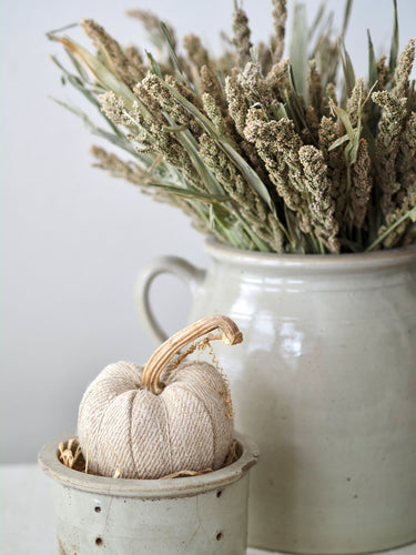 Handmade European Grain Sack 4" Pumpkin with Real Stem