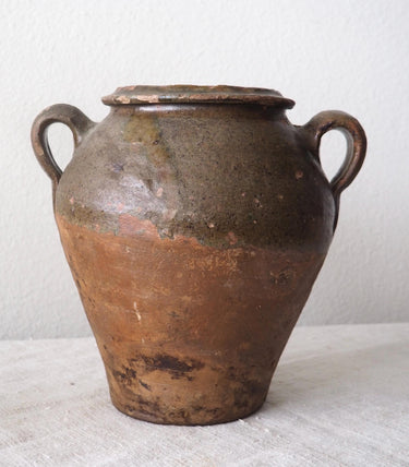 Antique French Green Glaze Terracotta Confit Pot with Handles